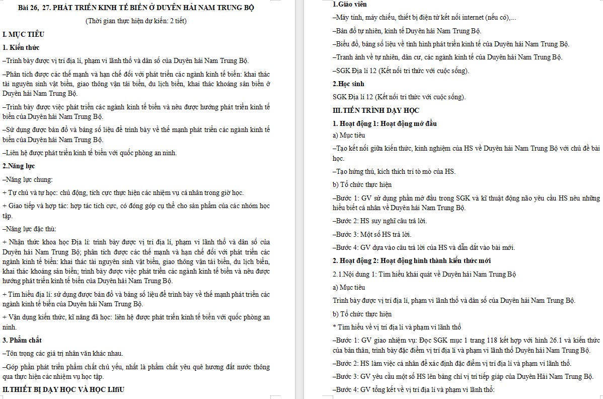 Giáo án Địa lí 12 KNTT Bài Phát triển kinh tế biển ở Duyên hải Nam Trung Bộ