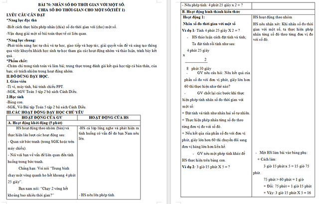 Giáo án Toán 5 Nhân số đo thời gian với một số, chia số đo thời gian cho một số