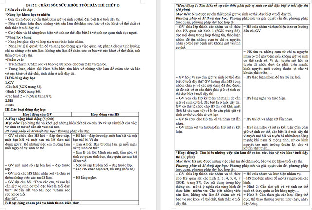 Giáo án Khoa học 5 Chăm sóc sức khoẻ tuổi dậy thì