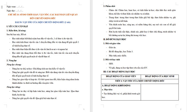 Giáo án Toán 5 Vận tốc của một chuyển động đều