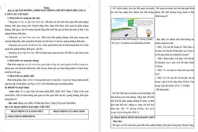 Giáo án Toán 5 Quãng đường, thời gian trong chuyển động đều