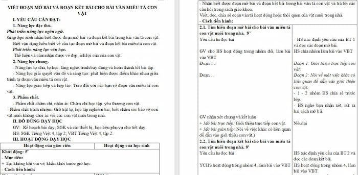 Giáo án Tiếng Việt 4: Viết đoạn mở bài và đoạn kết bài cho bài văn miêu tả con vật