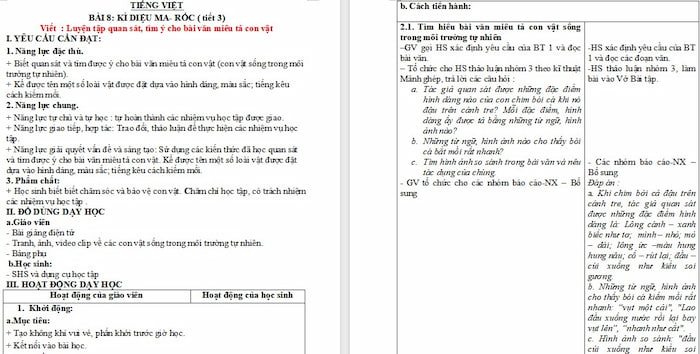 Giáo án Tiếng Việt 4: Luyện tập quan sát, tìm ý cho bài văn miêu tả con vật