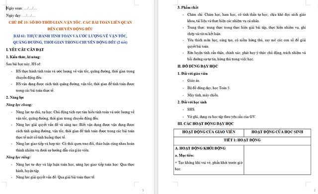 Giáo án Toán 5 Thực hành tính toán và ước lượng về vận tốc, quãng đường, thời gian trong chuyển động đều