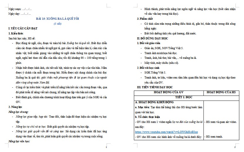 Giáo án Tiếng Việt 5 Bài 15: Xuồng ba lá quê tôi