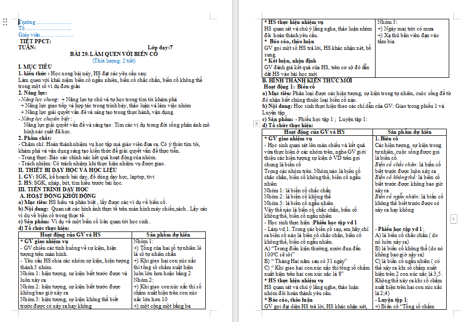  Toán 7 Bài 29: Làm quen với biến cố