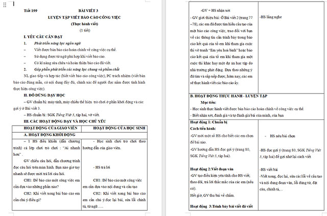 Giáo án Tiếng Việt 5 Luyện tập viết báo cáo công việc (Thực hành viết)