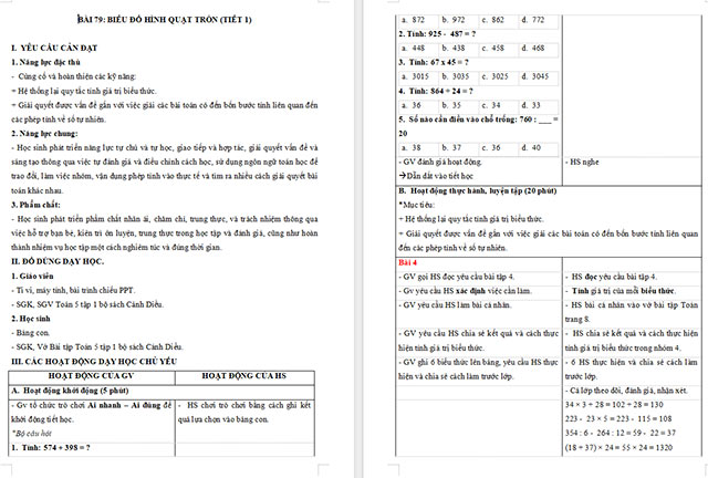 Giáo án Toán 5 Biểu đồ hình quạt tròn