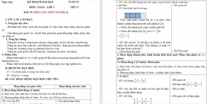 Giáo án Toán 4: Phép chia hai phân số