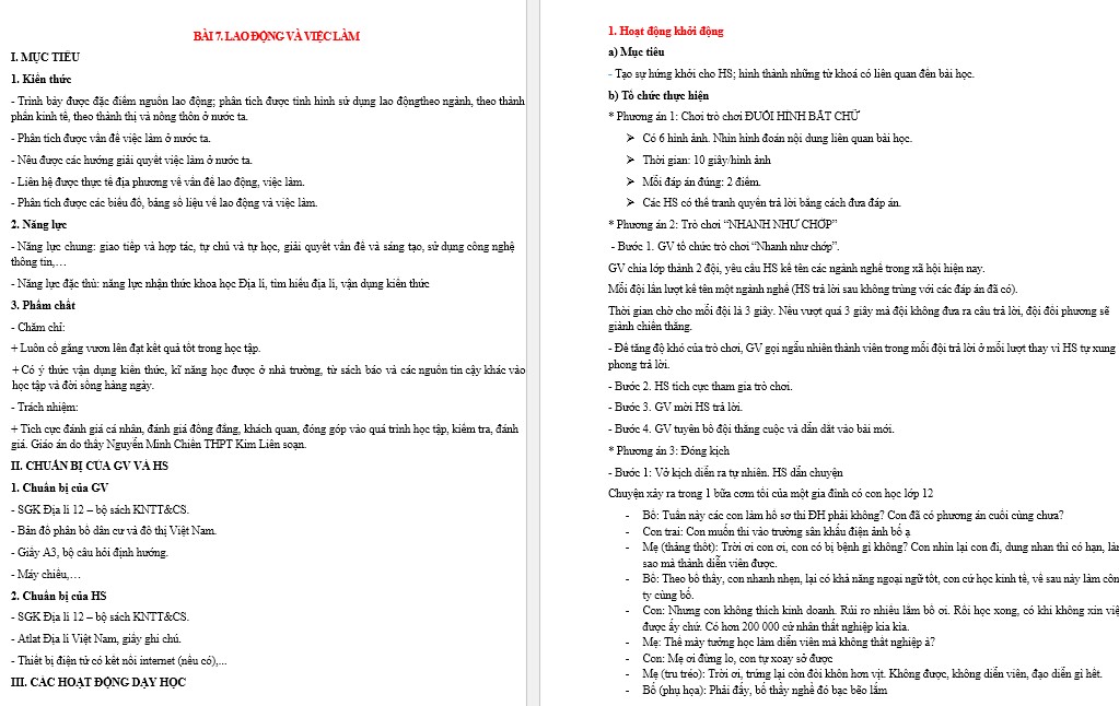 Giáo án Địa lí 12 KNTT Lao động và việc làm