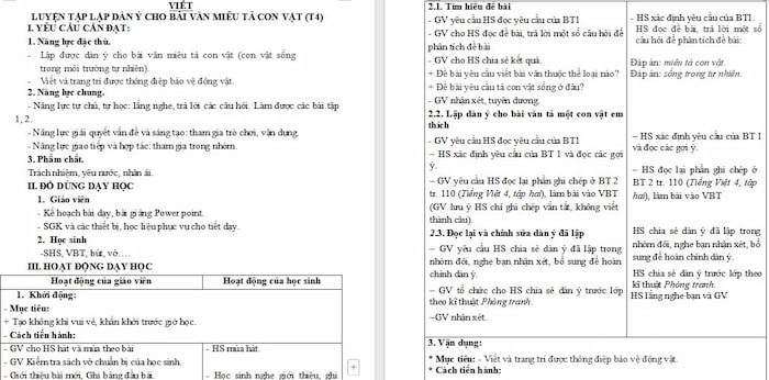 Giáo án Tiếng Việt 4: Luyện tập lập dàn ý cho bài văn miêu tả con vật