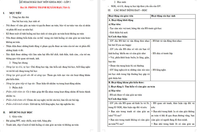 Giáo án Khoa học 5 Phòng tránh bị xâm hại