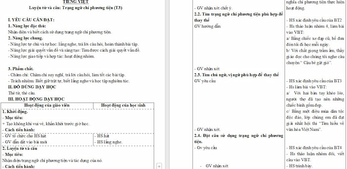 Giáo án Tiếng Việt 4: Trạng ngữ chỉ phương tiện