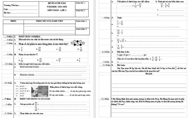 Đề ôn thi học kì 2 môn Toán 4