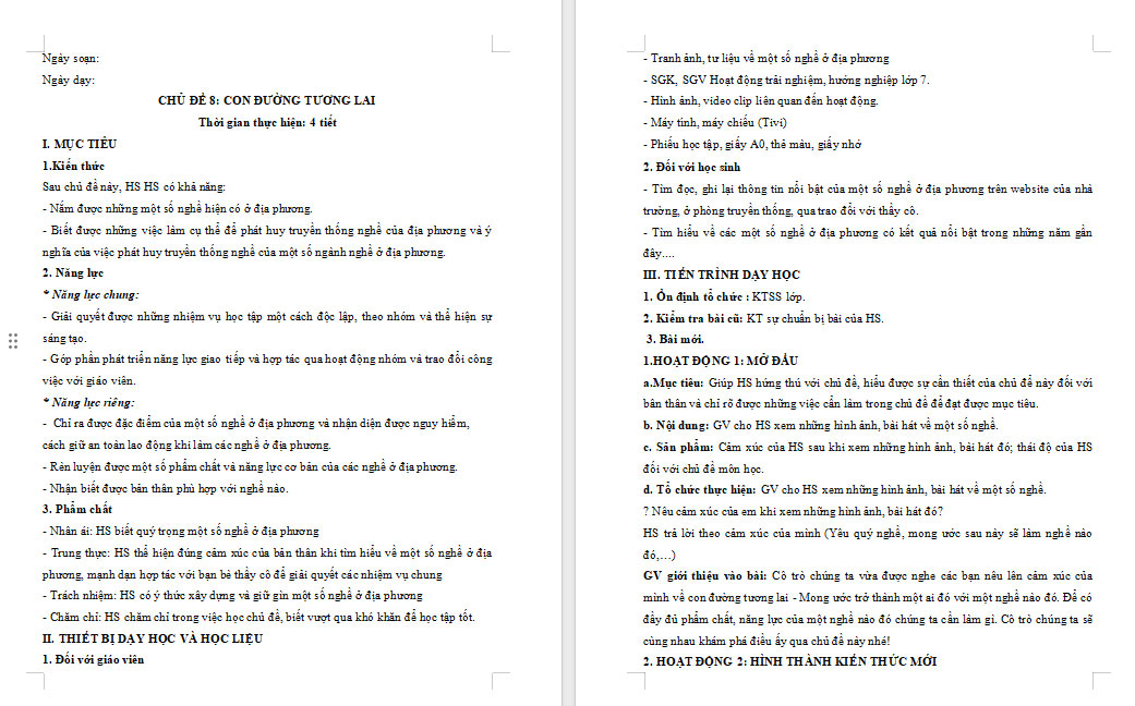 Giáo án HĐTN 7 Tìm hiểu những nghề hiện có tại địa phương