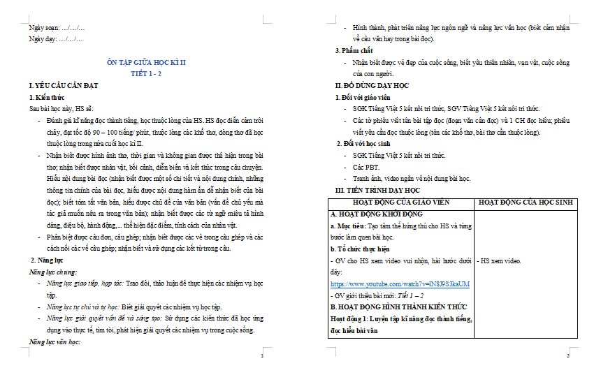 Giáo án Tiếng Việt lớp 5 Bài Ôn tập giữa học kì II (Tiết 1 + 2)