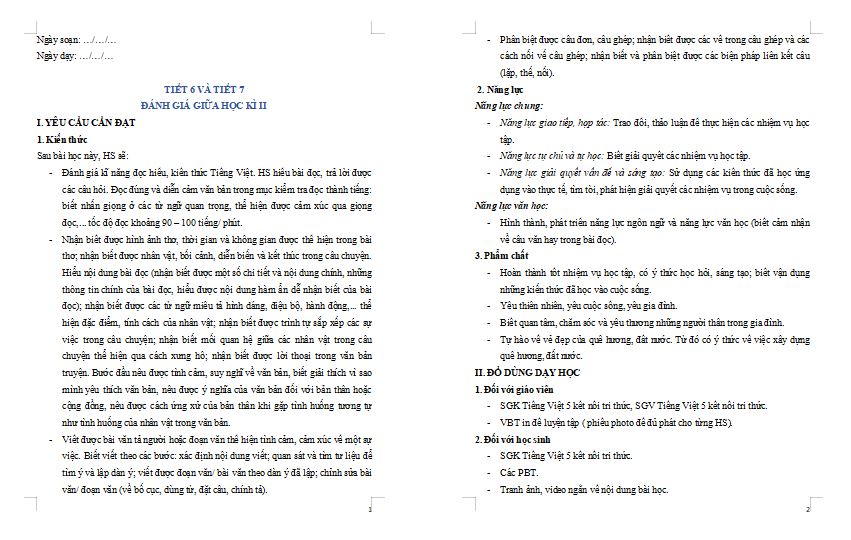 Giáo án Tiếng Việt lớp 5 Bài Ôn tập giữa học kì II (Tiết 6 + 7)