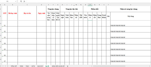 Excel Đánh giá học sinh lớp 1 tự động theo Thông tư 27