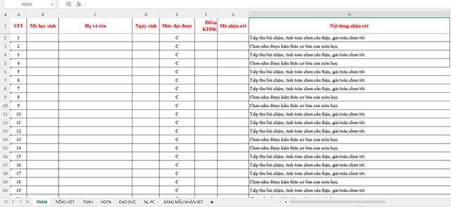 Excel Đánh giá học sinh lớp 2 tự động theo Thông tư 27
