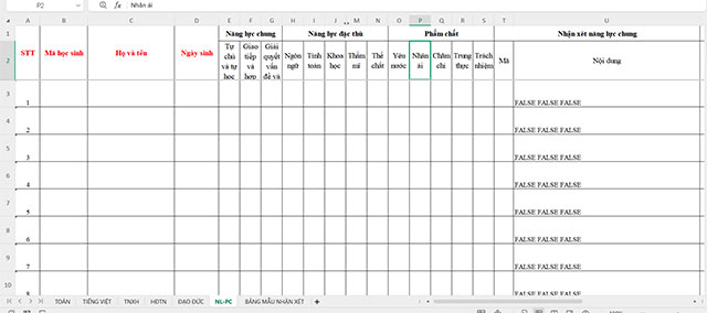 Excel Đánh giá học sinh lớp 2 tự động theo Thông tư 27