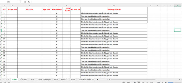 Excel Đánh giá học sinh lớp 3 tự động theo Thông tư 27