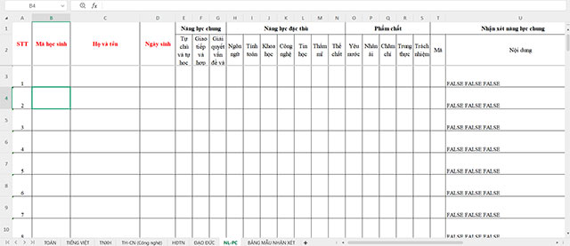 Excel Đánh giá học sinh lớp 3 tự động theo Thông tư 27