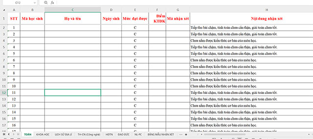 Excel Đánh giá học sinh lớp 4, 5 tự động theo Thông tư 27