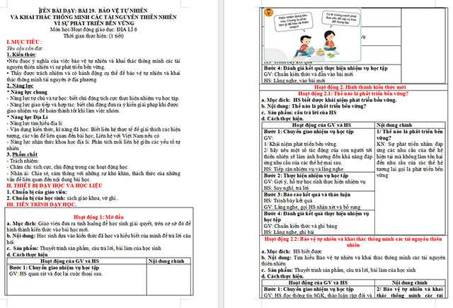 Giáo án Địa lí 6 Bảo vệ tự nhiên và khai thác thông minh các tài nguyên thiên nhiên vì sự phát triển bền vững