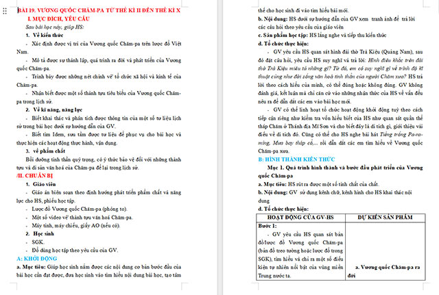 Giáo án Lịch sử 6 Vương quốc Chăm-pa từ thế kỉ II đến thế kỉ X