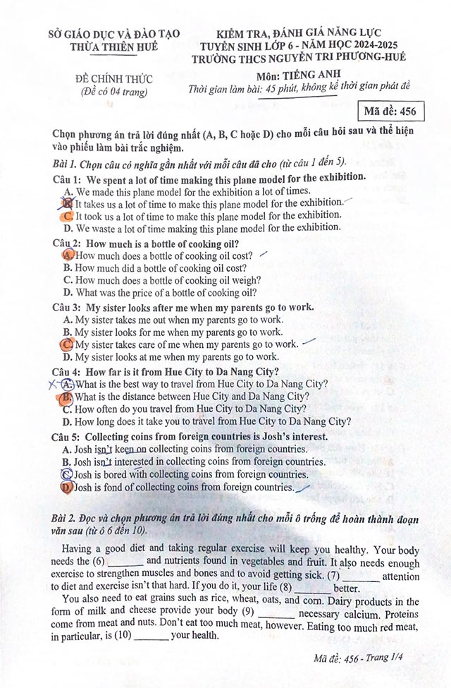 Đáp án đề thi vào lớp 6 môn Tiếng Anh THCS Nguyễn Tri Phương