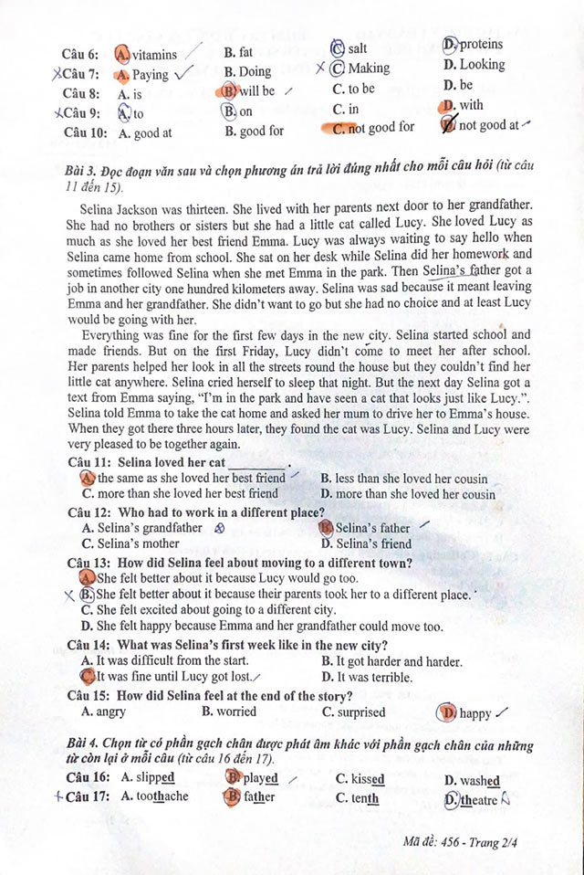 Đáp án đề thi vào lớp 6 môn Tiếng Anh THCS Nguyễn Tri Phương