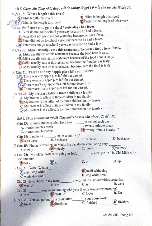 Đáp án đề thi vào lớp 6 môn Tiếng Anh THCS Nguyễn Tri Phương