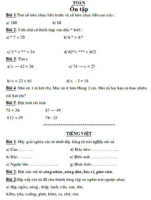 Bài tập ôn hè 2025 lớp 2 - Tuần 4