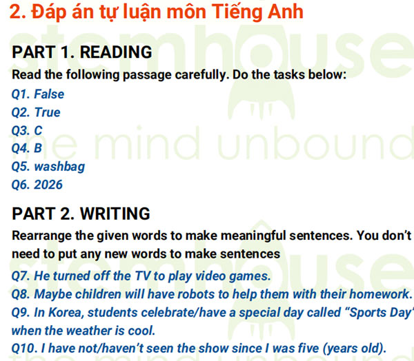 Đáp án đề thi Tuyển sinh lớp 6 Trường Nguyễn Hữu Thọ
