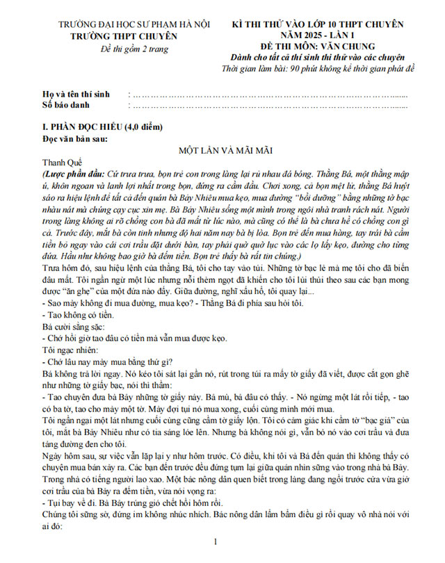 Đề thi tham khảo vào lớp 10 môn Văn THPT Chuyên Sư Phạm