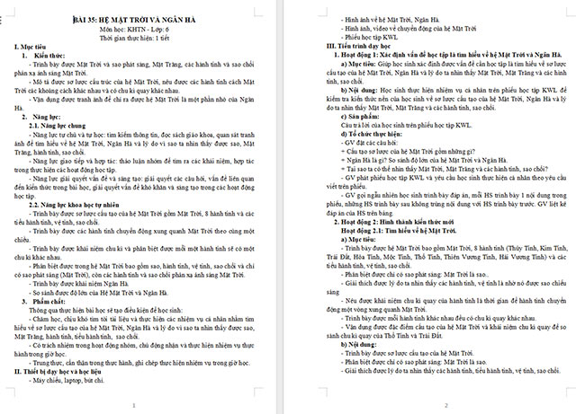 Giáo án Khoa học tự nhiên 6 Hệ mặt trời và ngân hà