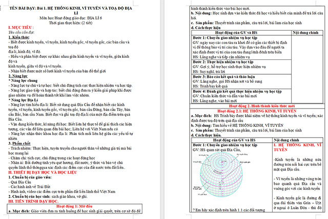 Giáo án Địa lí 6 Hệ thống kinh, vĩ tuyến và tọa độ địa lí
