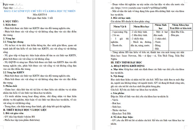 Giáo án Khoa học tự nhiên 6 Các lĩnh vực chủ yếu của khoa học tự nhiên