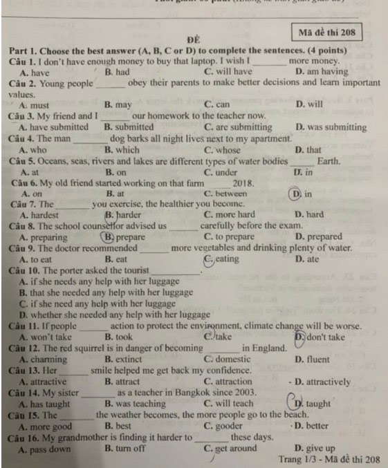 Đề thi vào 10 môn Anh Bạc Liêu