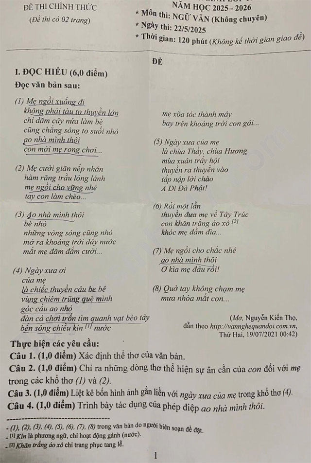 Đề thi vào lớp 10 môn Văn Bạc Liêu