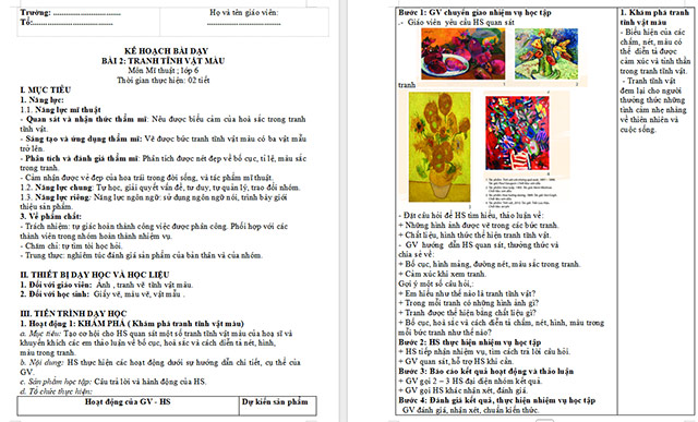Giáo án Mĩ thuật 6 Tranh tĩnh màu vật