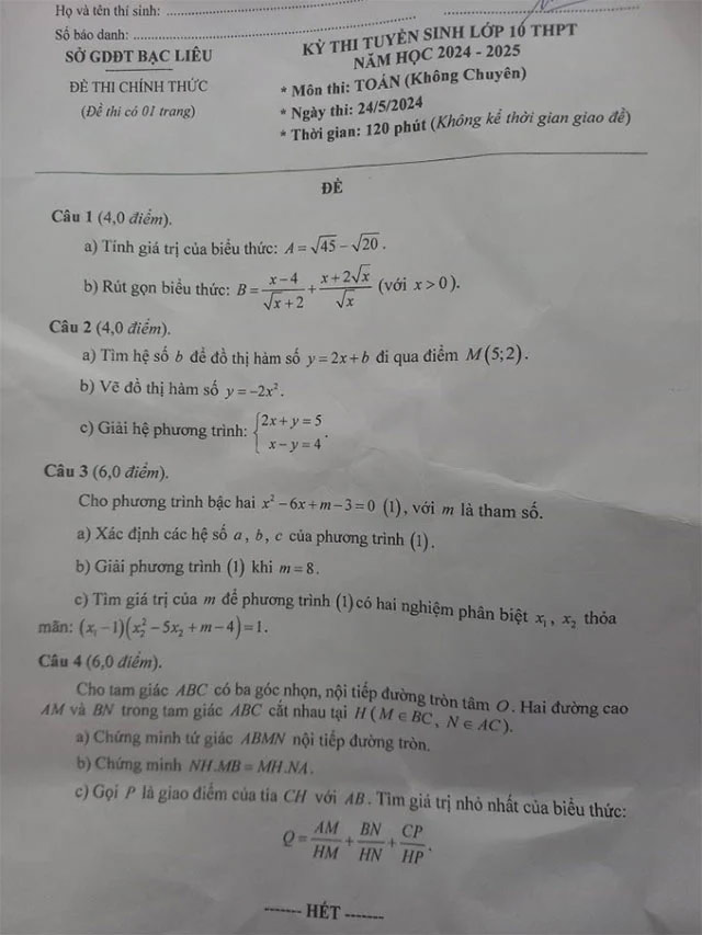 Đề thi vào lớp 10 môn Toán Bạc Liêu năm 2025 - 2026