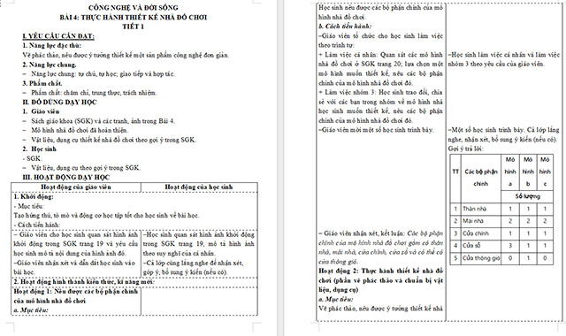 Giáo án Công nghệ 5 Thực hành thiết kế nhà đồ chơi