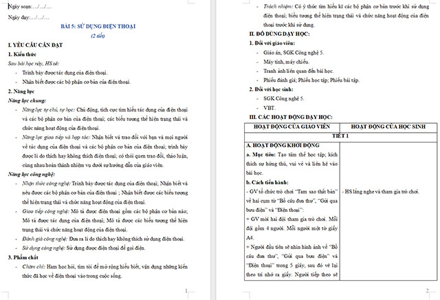 Giáo án Công nghệ 5 Sử dụng điện thoại