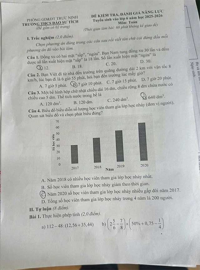 Đề thi vào lớp 6 môn Toán trường THCS Đào Sư Tích