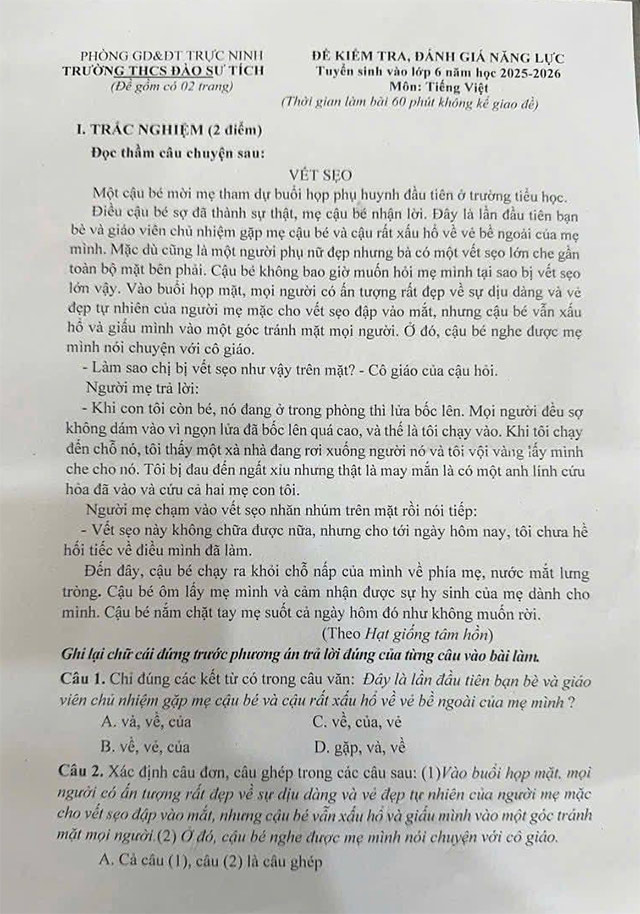 Đề thi vào lớp 6 môn Tiếng Việt trường THCS Đào Sư Tích