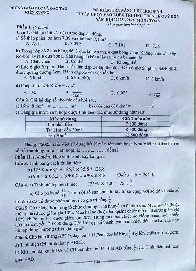Đề thi vào lớp 6 môn Toán trường THCS Lê Quý Đôn