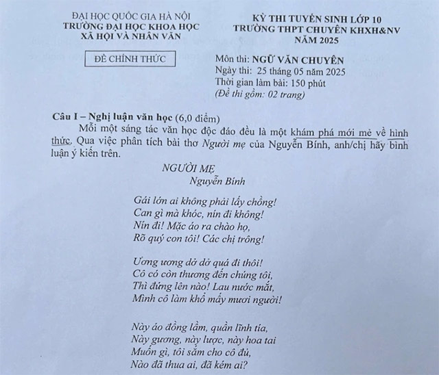 Đề Văn thi lớp 10 chuyên Khoa học Xã hội và Nhân văn năm 2025