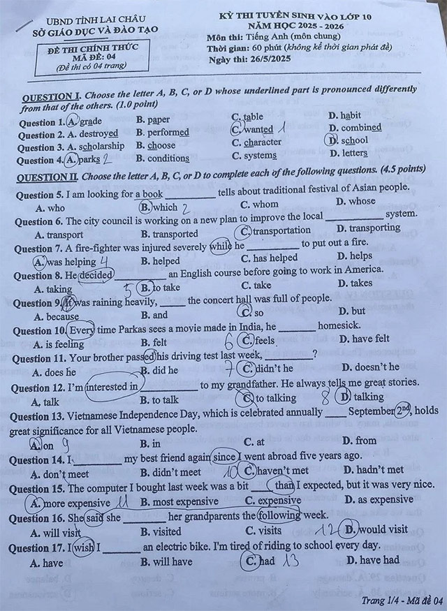 Đề thi vào lớp 10 môn Tiếng Anh năm 2025 - 2026 Lai Châu