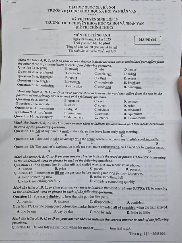 Đề thi vào 10 chuyên Khoa học Xã hội và Nhân văn môn Tiếng Anh 2025